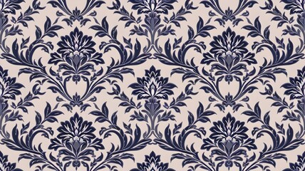 Elegant Damask Pattern Navy Blue Floral Wallpaper Design