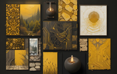 A mustard yellow and black contrast mood board with geometric patterns, wood samples, and natural textures, bringing warmth and depth.