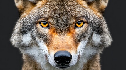 Wolf face closeup, looking at camera, with dark background
