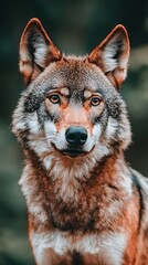 Wolf face close-up in forest, looking at camera