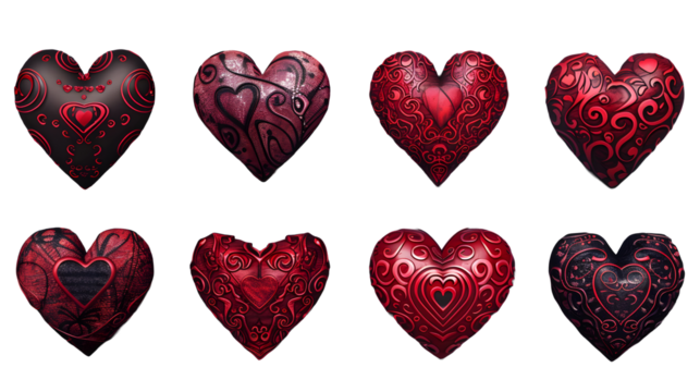Assorted heart designs collection featuring intricate patterns and symbols of love on white background. PNG