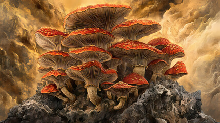 Fantasy mushroom cluster digital art with red and brown caps. Enchanted Mycelium. Illustration