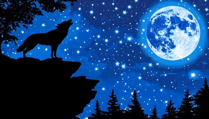 Wolf howling at full moon on starry night, wallpaper