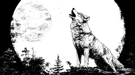 Wolf howling at the moon in the dark night, forest background