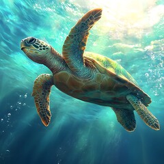 Obraz premium Underwater Turtle Serenity: An illustration of a majestic sea turtle gracefully gliding through crystal-clear ocean waters, bathed in sunlight, showcasing a vibrant aquatic environment.