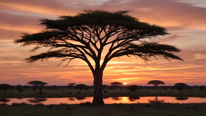 Fototapeta premium sunset in the desert with old tree