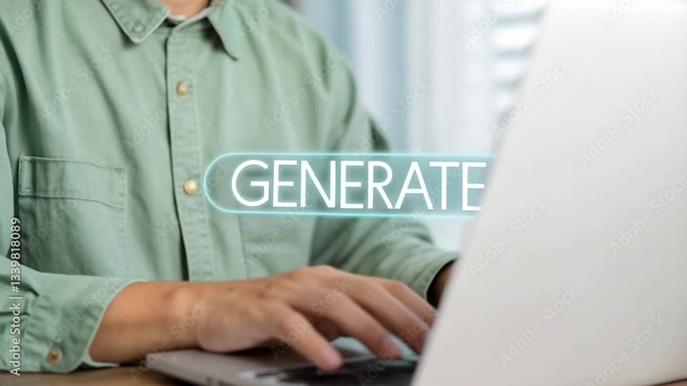 Poster AI Content Creation: Hands Typing on Laptop with Glowing Generate Button. Modern technology, automation, artificial intelligence, digital innovation, 