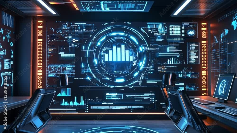 Poster futuristic control room with data visualization and technology displays