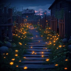 An illuminated wooden pathway winds through a rural night scene