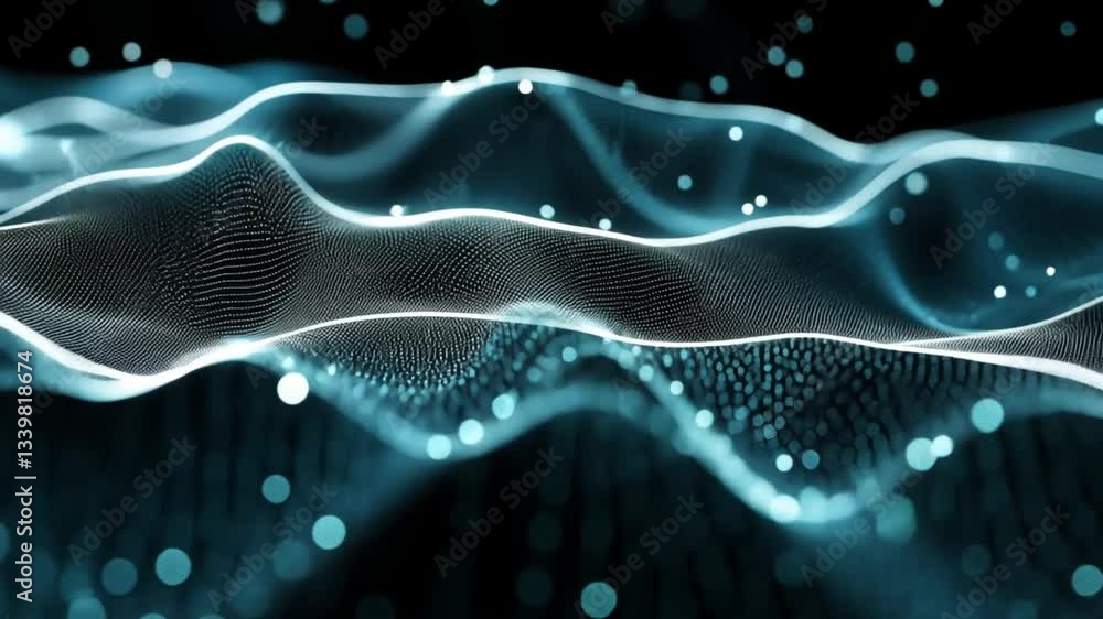 Poster abstract representation of flowing waves with luminous particles in motion