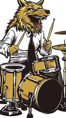 Wolf playing drums, studio, energetic music performance