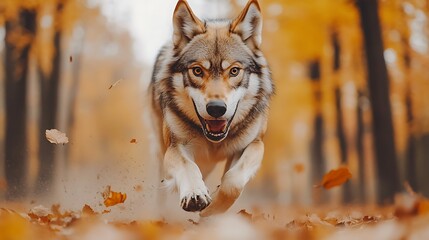 Wolf running through autumn forest with falling leaves