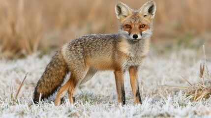 A beautiful fox is standing in a field and looking forward