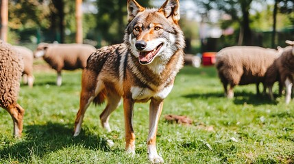 Wolf stares at camera in field with sheep and trees