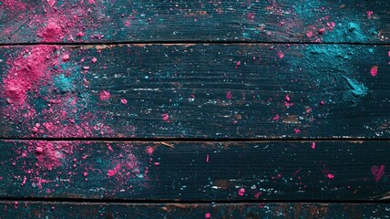 Fototapeta premium Close-up of bright Holi powders spread on a rustic wooden surface, vibrant and colorful, perfect for Holi, cultural festivals, celebrations, and artistic food or color photography.