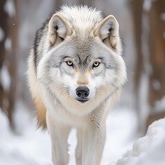 Wolf walking through snow in a forest, winter scene