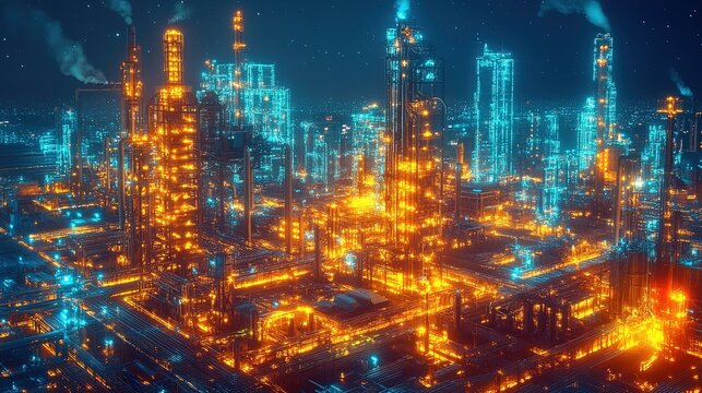 A glowing holographic network map of industrial sites across a futuristic city, precise and vibrant 
