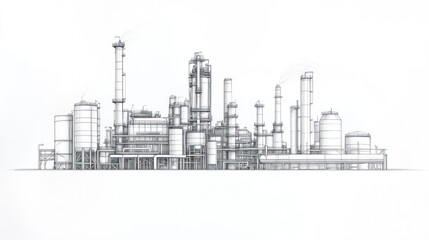 Obraz premium Detailed Pencil Sketch of an Industrial Refinery Complex