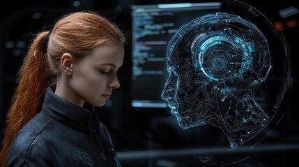 A woman and a holographic brain interact in a digital world