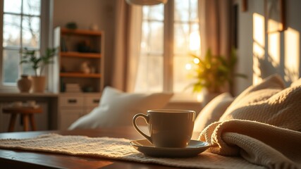 Fototapeta premium Cozy Morning Coffee, Home Comfort, Natural Light