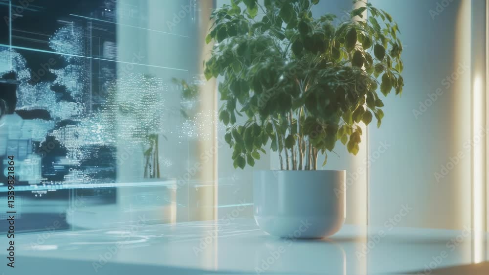 Poster futuristic interface analyzing a plant growth, displaying data and visualizations in a modern labora