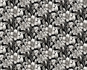 Black and white seamless floral pattern. Beautiful monochrome print of large hand-drawn flowers.
