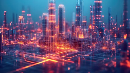 Fototapeta premium A futuristic industrial zone visualized through glowing holographic blueprints, intricate and vibrant 