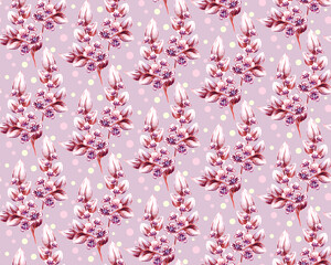 Abstract flowering twigs pattern, seamless spring pattern. Bright pink and burgundy flowers on a light background with large dots.