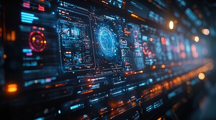 Fototapeta premium A futuristic industrial control panel with holographic monitors displaying real-time data, glowing and vibrant 