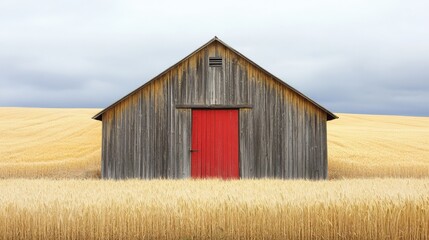 Obraz premium Wooden Barn With Red Door Standing Among Wheat Fields Outdoors