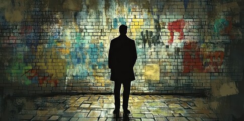 A solitary figure standing before a graffiti covered brick wall