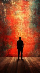 Obraz premium A person silhouetted in front of a textured colorful wall