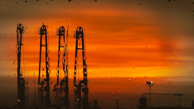Silhouette. Eagles fly around the cargo crane oil cranes with yellow sky background