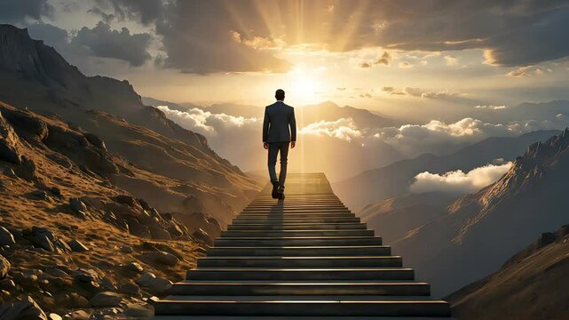 Lone Man Walking Up a Staircase Towards a Bright Sunrise on a Mountain Peak

