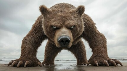 Obraz premium A large brown bear standing on a sandy beach menacingly