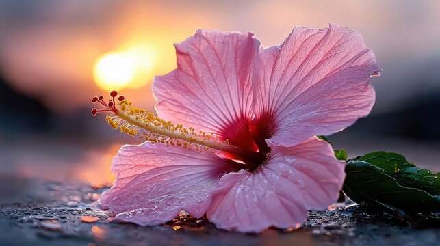 A pink flower with a yellow center is sitting on a rock - Powered by Adobe