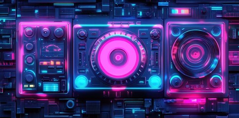 Obraz premium Three futuristic sound equipment interfaces with vibrant neon lights display