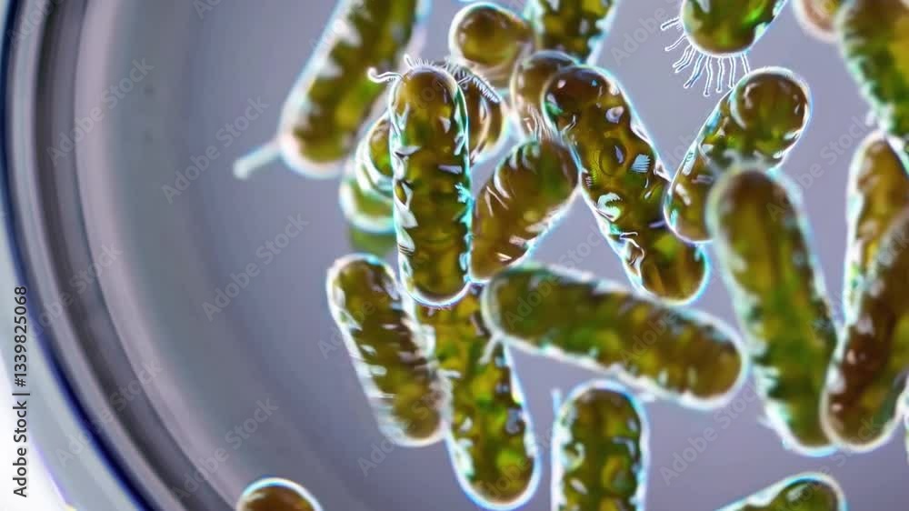 Poster microscopic view of bacterial structures in division and formation of simple organisms