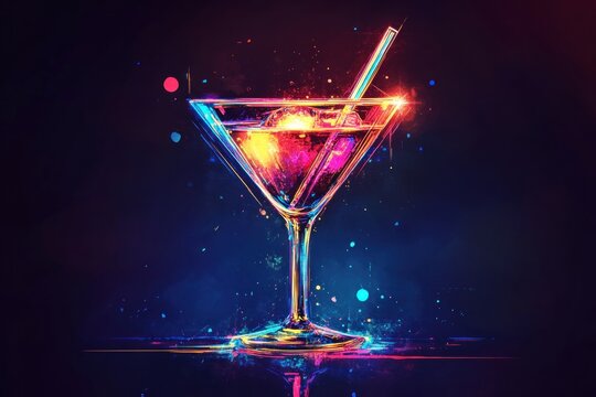 neon cocktail glass with glowing vibrant colors against dark background. concept of nightlife and celebration. party invitation, club event, illustration