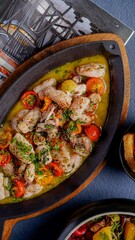 Grilled calamari with cherry tomatoes and herbs, served on a hot plate with sauce for an elegant Mediterranean seafood presentation