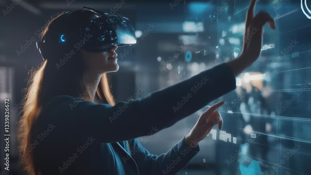 Poster professional businesswoman wearing a vr headset interacts with a futuristic holographic interface, n