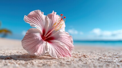A pink flower is on the sand next to the ocean