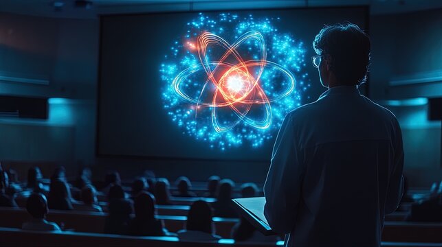 A scientist presenting a glowing holographic model of an atom in a modern lecture hall, engaging and luminous 