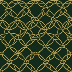 Naklejka premium Intricate Geometric Green & Gold Ornamental Pattern with Intertwined Loops - Luxurious & Detailed Decorative Background Illustration for Design & Print