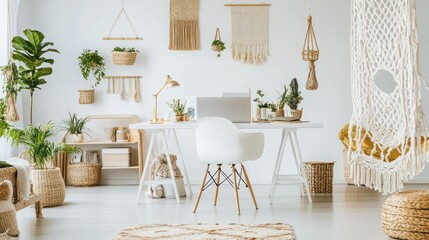 A bright and stylish home office with many plants included