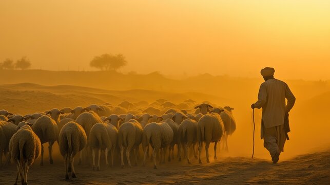 Shepherd Guiding a Flock of Sheep through the Beautiful Thar Desert of Rajasthan, India