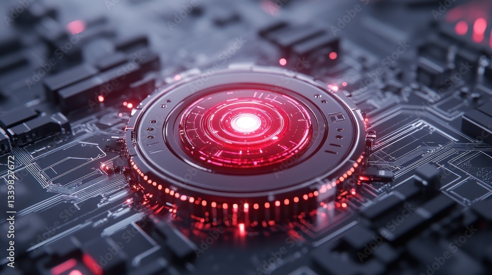 Poster futuristic technology: red illuminated central processing unit on circuit board
