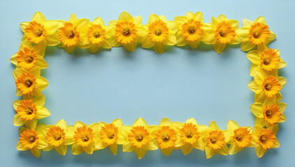 Frames made of daffodils on blue background, flatlay
