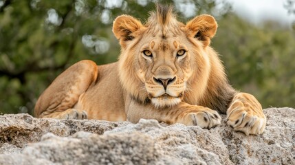 Obraz premium A young lion resting peacefully on a rocky surface