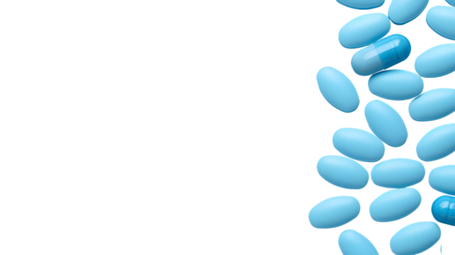 Blue pills with space for text on white background. PNG